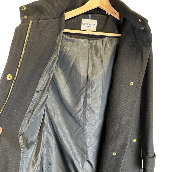 Cole Haan Black Faux Fur Trim Hooded Wool Long Duffle Pea Coat Womens Size 8 - Picture 5 of 16
